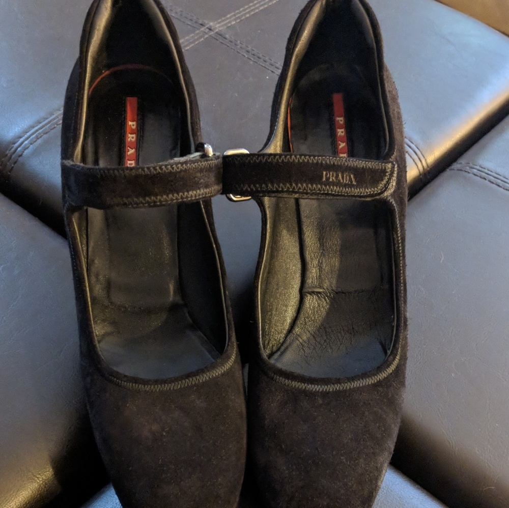 Prada 8 1/2 black suede wedge platforms women